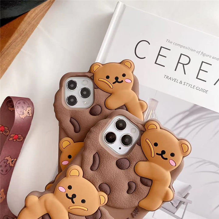 for iPhone 13 Pro Max Case Cookie Bear Kawaii Phone Cases,Cute Case with Strap Lanyard 3D Cartoon Bear Soft Silicone Protective Case Funny Women Girls for iPhone 13 Pro Max
