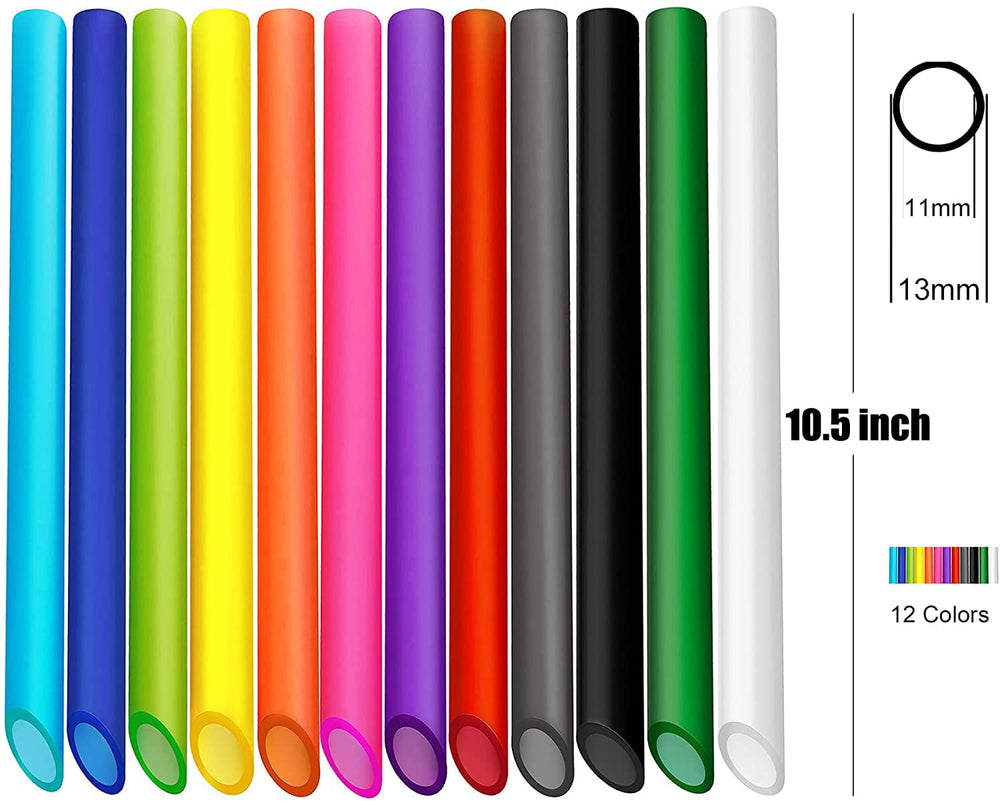 12 PCS Reusable Boba Straws, 13 mm x 10.5 inch Long Wide Colored Plastic Smoothie Straws for Bubble Tea, Tapioca Pearls with 2 Cleaning Brush - Pointed Design