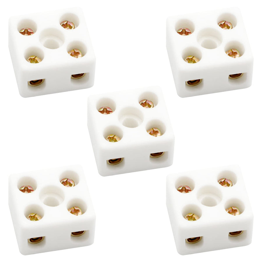 2 Way Ceramics Terminal Blocks,25A 380V High Temp Porcelain Ceramic Connectors for Electric Wire Cable 5Pcs