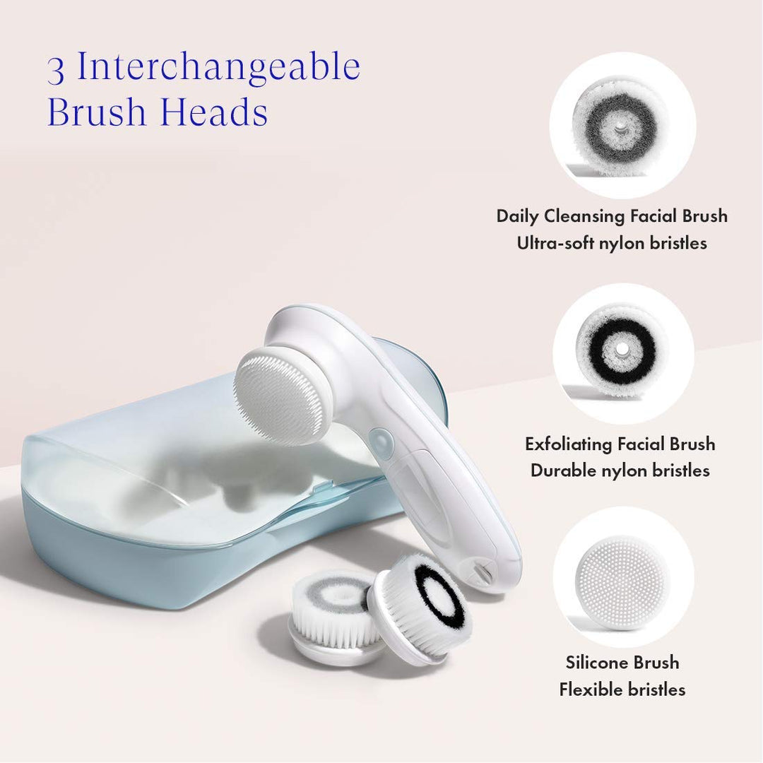 Facial Cleansing Brush Ultimate Skin Spa with 3 Interchangeable Face Brushes for Cleansing, Exfoliating and Silicone Brush, Protective Case, Cordless, Water Resistant (Bombshell Blue)