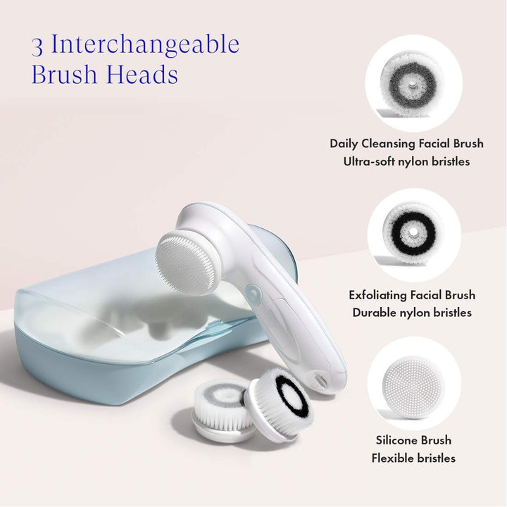 Facial Cleansing Brush Ultimate Skin Spa with 3 Interchangeable Face Brushes for Cleansing, Exfoliating and Silicone Brush, Protective Case, Cordless, Water Resistant (Bombshell Blue)