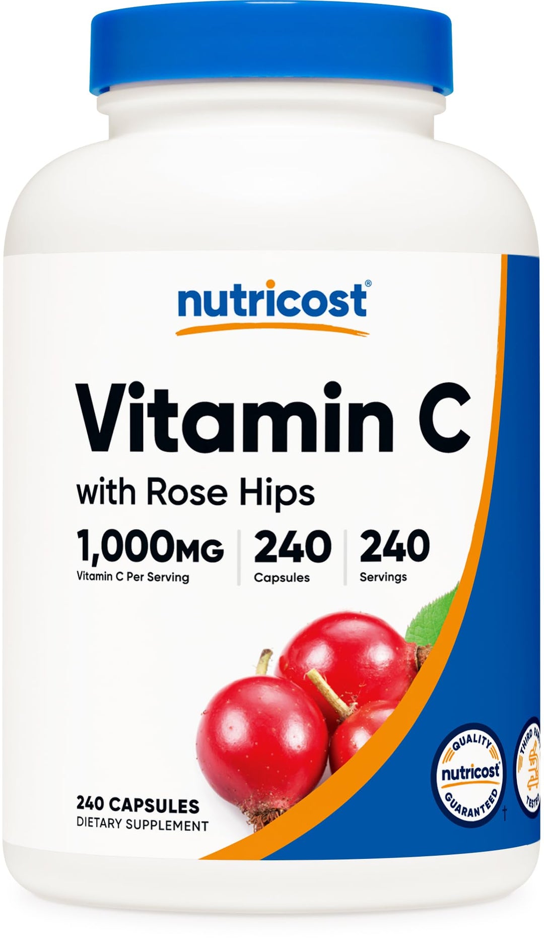 Vitamin C with Rose HIPS 1025mg, 240 Capsules - Vitamin C 1,000mg, Rose HIPS 25mg, Premium, Non-GMO, Gluten Free Supplement