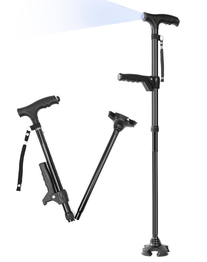 Folding Walking Cane with LED Light for Men and Women, 11 Heights Adjustable, Collapsible Elderly Walking Stick with Side Handle, Black