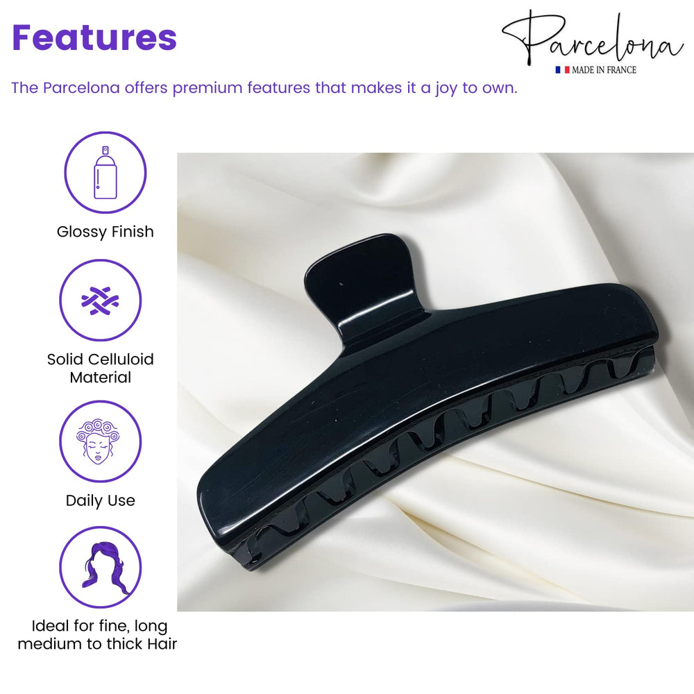 French Flat Black Large 4†Salon Style Jaw Hair Claw Clip Clutcher Clamp for Women and Girls, Made in France