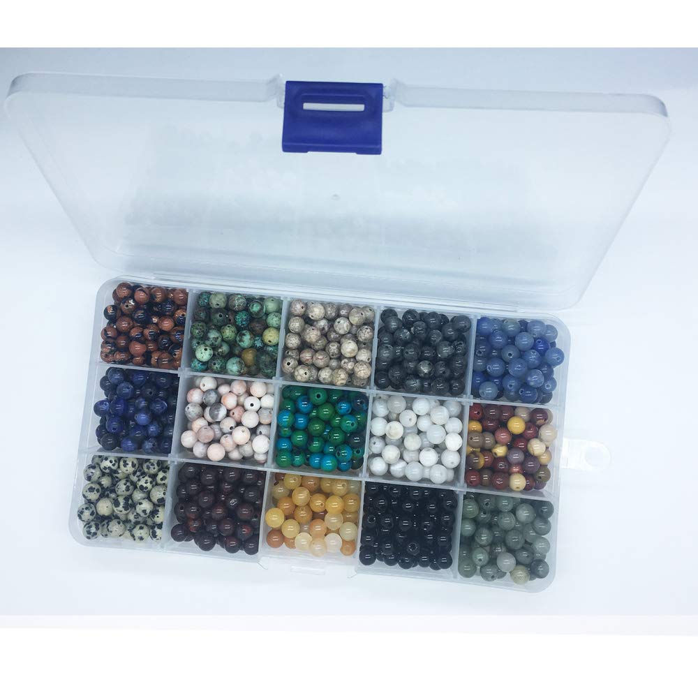 800pcs 6mm Natural & Synthetic Round Stone Beads Gemstone Beading Loose Gemstone Hole Size 1mm DIY Smooth Beads for Bracelet Necklace Earrings Jewelry Making,Box Packed. (15 Material, 6mm)