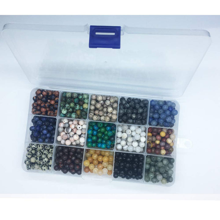 800pcs 6mm Natural & Synthetic Round Stone Beads Gemstone Beading Loose Gemstone Hole Size 1mm DIY Smooth Beads for Bracelet Necklace Earrings Jewelry Making,Box Packed. (15 Material, 6mm)