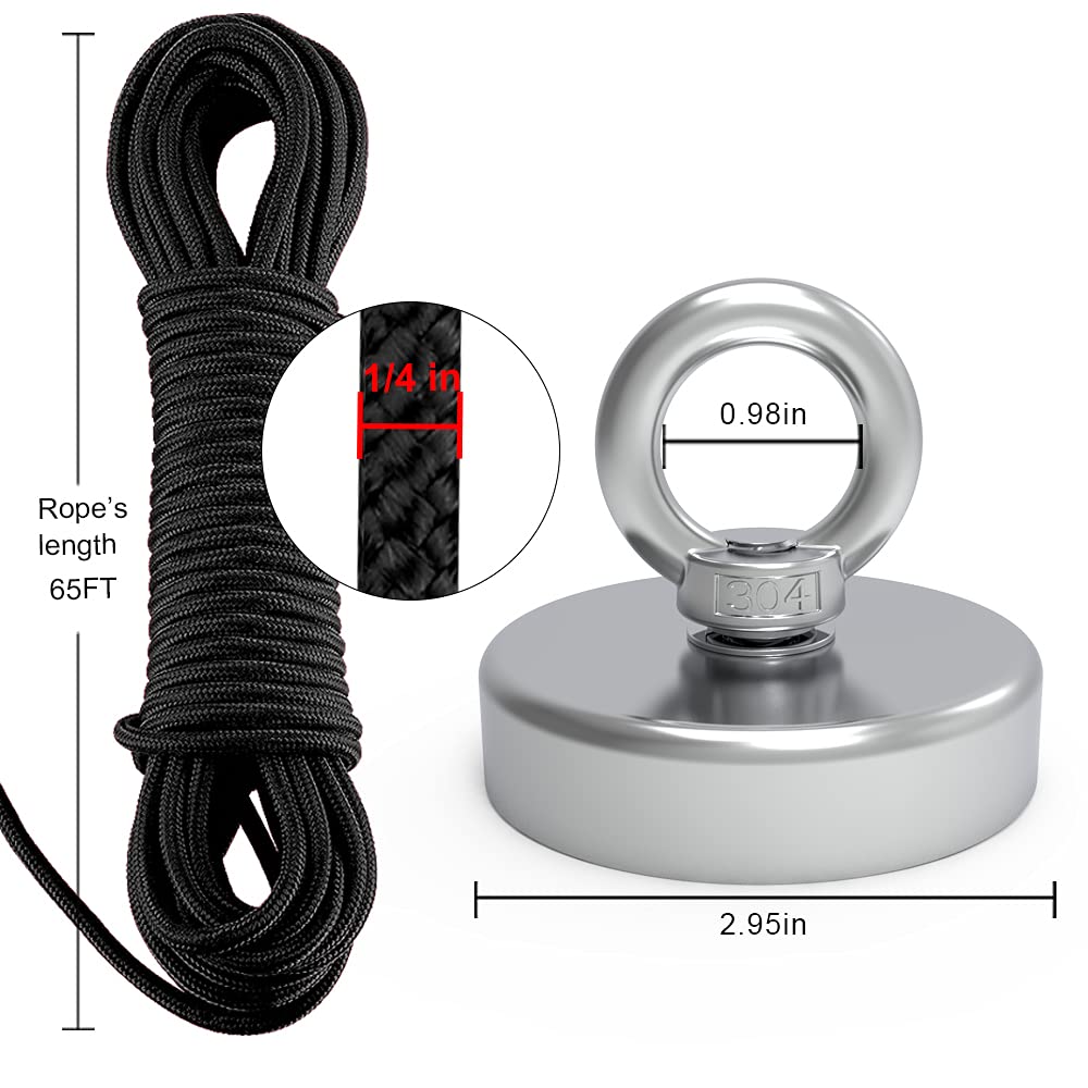 Fishing Magnet with 65FT Rope and Gloves. 680lbs Pulling Force Magnet Fishing Kit with Neodymium Rare Earth Magnet Heavy Duty for Retrieval and Salvage Underwater.