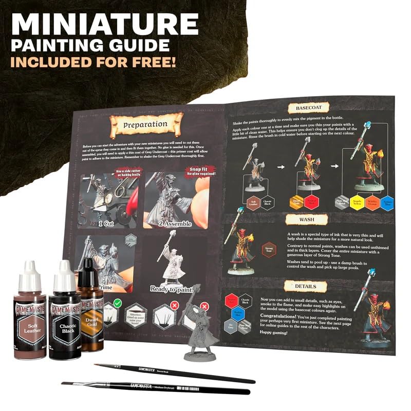 - GameMaster Adventure Starter Paint Set Combo - 15 Fanatic Warpaints 18 ml -10 Acrylic Paints, 2 Effects, 2 Metallic, 1 Wash, 5 Miniature Figures, Starter & Medium Drybrush and Guide