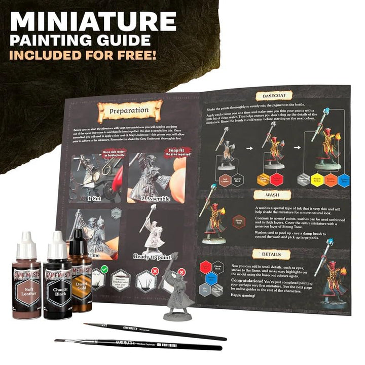 - GameMaster Adventure Starter Paint Set Combo - 15 Fanatic Warpaints 18 ml -10 Acrylic Paints, 2 Effects, 2 Metallic, 1 Wash, 5 Miniature Figures, Starter & Medium Drybrush and Guide