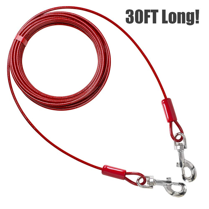 Dog Tie Out Cable 30 Feet - Dog Leads for Yard Heavy Duty - Up to 125 Pounds | Reflective Lead, 30ft | Rust Free Chain Outdoor | (Red)