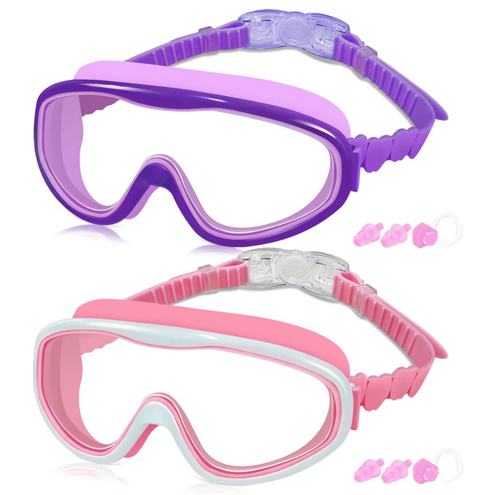 Kids Swim Goggles for Age 3-15, 2 Pack Kids Goggles for Swimming with Nose Cover, No Leaking, Anti-Fog, Waterproof
