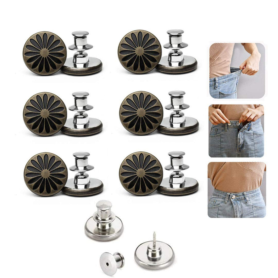 6PCS Perfect Fit Instant Button Pin, Instant jeans Buttons tightener, Jean Replacement Buttons Removable Button for loose jeans No Sew Buttons to Extend or Reduce an Inch to Any Pants Waist in Seconds