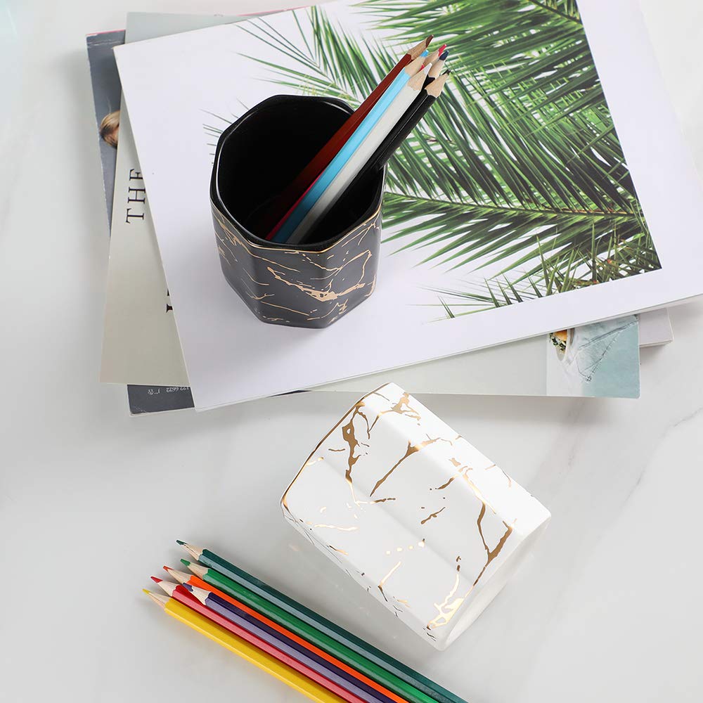 Ceramic Desk Pen Holder Stand Marble Pattern Pencil Cup Pot Desk Organizer Makeup Brush Holder (Blue)