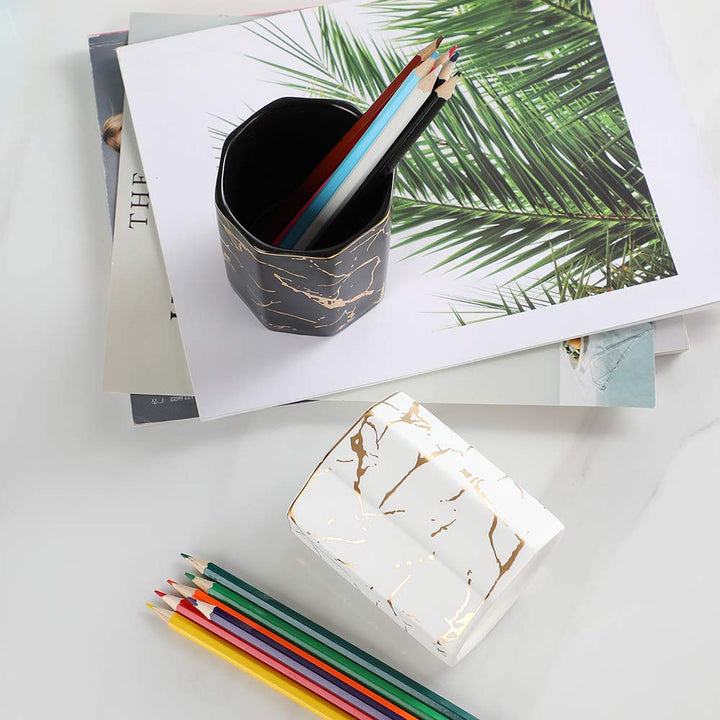 Ceramic Desk Pen Holder Stand Marble Pattern Pencil Cup Pot Desk Organizer Makeup Brush Holder (Blue)