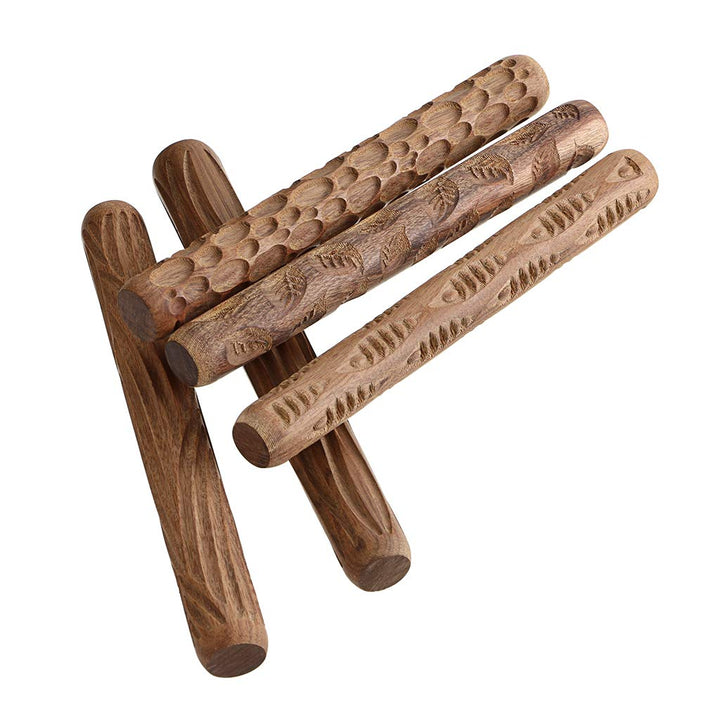 Set of 5 Clay Modeling Pattern Rollers Kit, Fish Leaves Cobblestone Ripple Wood Grain Pattern 4.7 in Clay Rolling Pin Textured Hand Roller Wooden Handle Pottery Tools Set