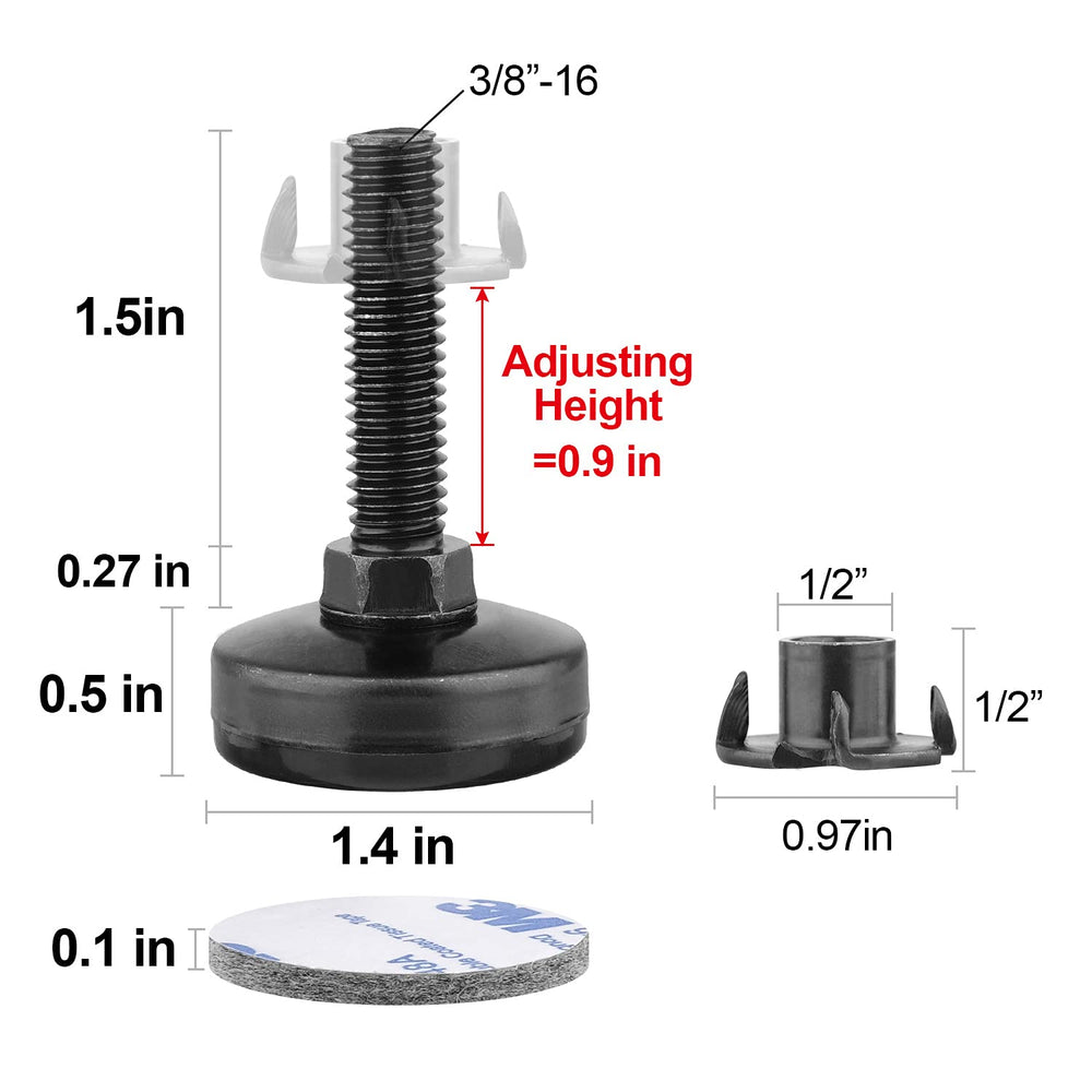 Furniture Levelers Heavy Duty Furniture Leveling Feet Adjustable Leg Levelers for Cabinets Sofa Tables Chairs Raiser, Support 1320LBs, T- Nut Kit 3/8”-16 Thread, Large Base - 4 Pack,Black