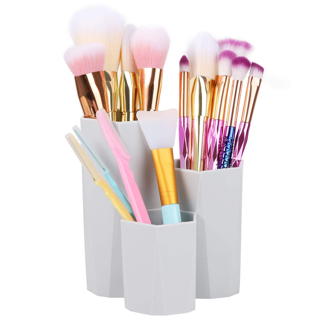 Plastic Makeup Brush Organizer Holder 3 Slot Cosmetic Storage Brushes Cup for Vanity, Desk, Bathroom Countertops (Gray)