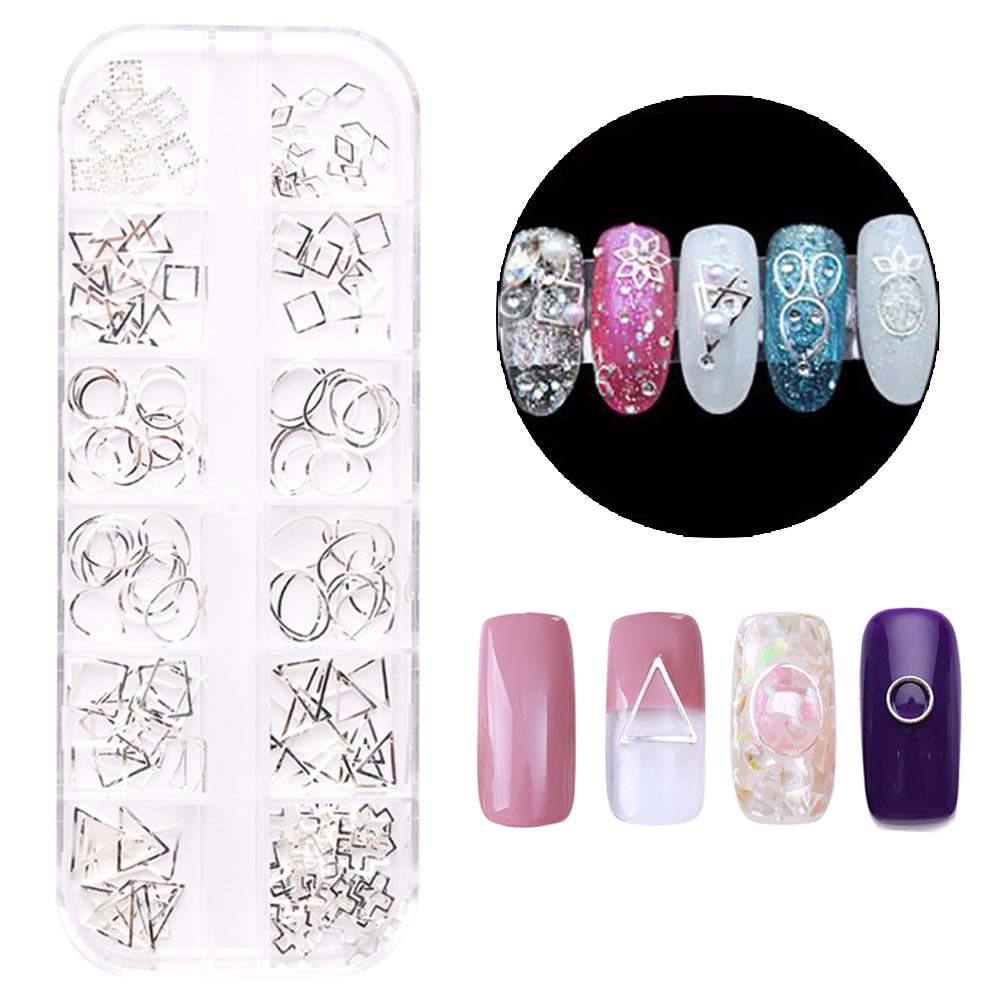 4 Boxes Hollow Metal Nail Studs Rose Gold Silver Geometry Nail Charm Kit 3D Nail Art Jewelry Decoration With 1Pc Tweezers And Picker Pencil