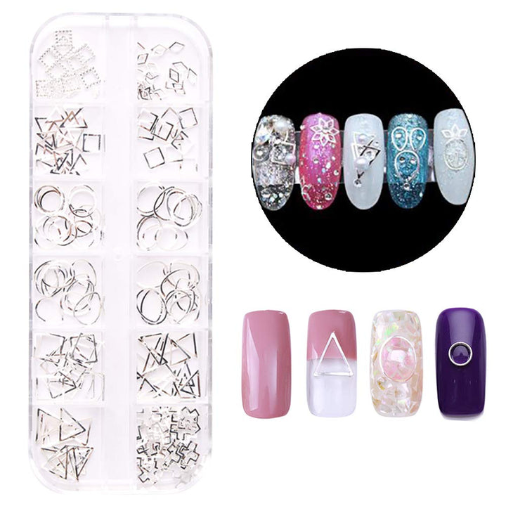 4 Boxes Hollow Metal Nail Studs Rose Gold Silver Geometry Nail Charm Kit 3D Nail Art Jewelry Decoration With 1Pc Tweezers And Picker Pencil