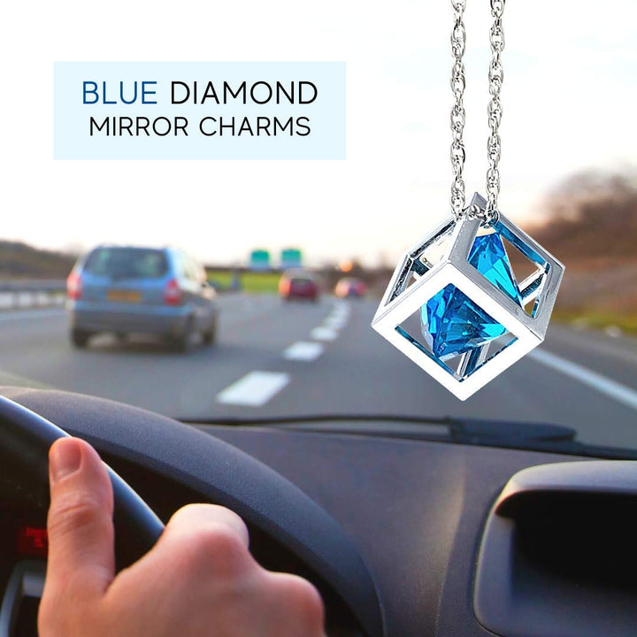 Blue Diamond Cube Crystal Car Rear View Mirror Charms, Bling Car Accessories, Sun Catcher Hanging Ornament w/Chain, Car Charm & Home Decor Ornament (Blue)