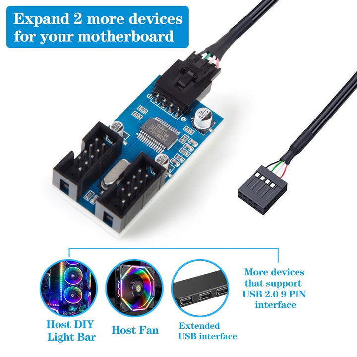 Motherboard USB Splitter 1 into 2 PC Internal USB Splitter Adapter Male 1 to 2 Female USB Motherboard Splitter- 30CM Cable USB 9pin Internal USB Splitter Port Multiplier (CS-9PIN)