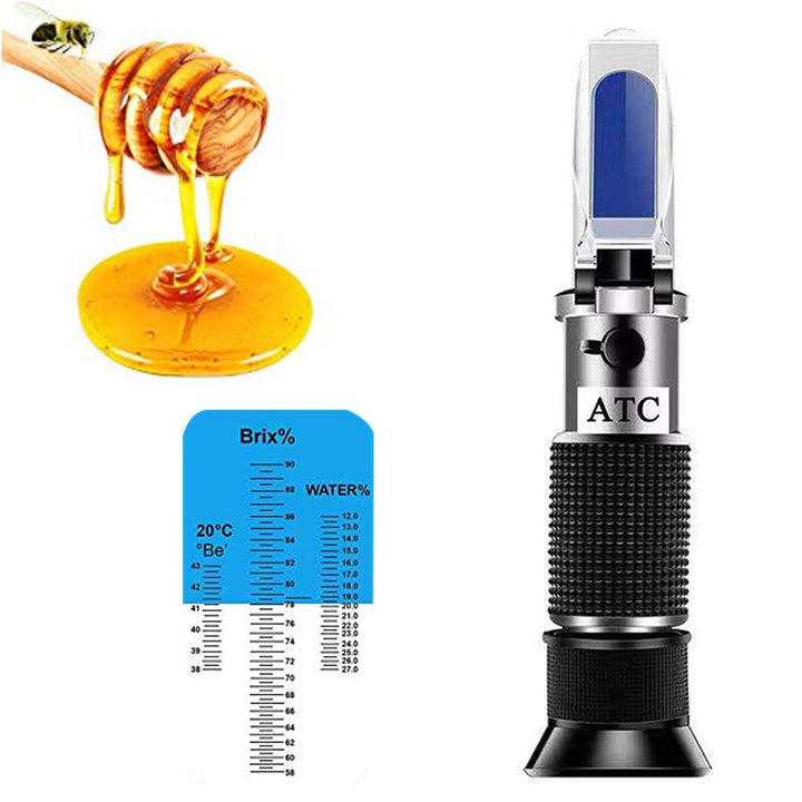 Refractometer Honey 10-32% for Honey Moisture, Brix and Baume, 3-in-1 Uses, 58-90% Brix Scale Range Honey Moisture Tester, with ATC, Ideal for Honey, Maple Syrup, and Molasses, Bee Keeping