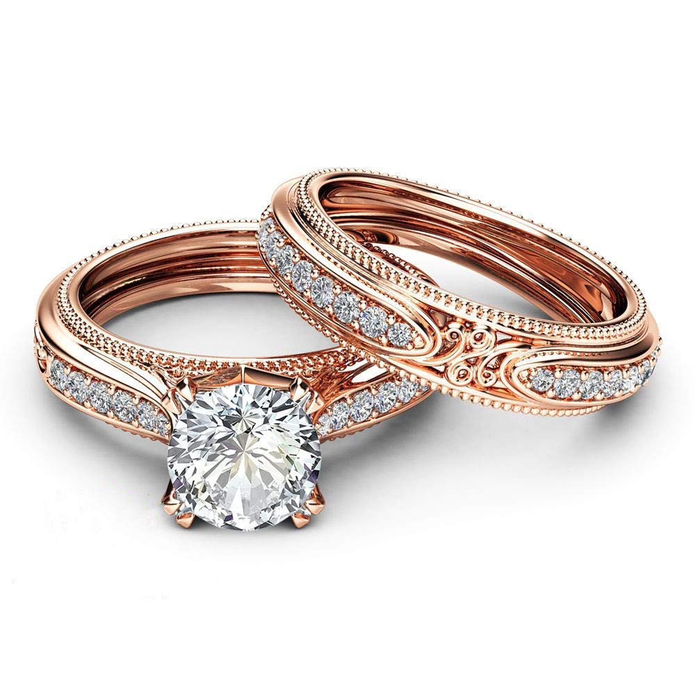925 Sterling Silver Fashion 18k Rose gold Bride Ring Round cut Cubic Zirconia Anniversary Promise Rings Set CZ Classic Eternity Engagement Wedding Band Ring for Women (US Code 6)