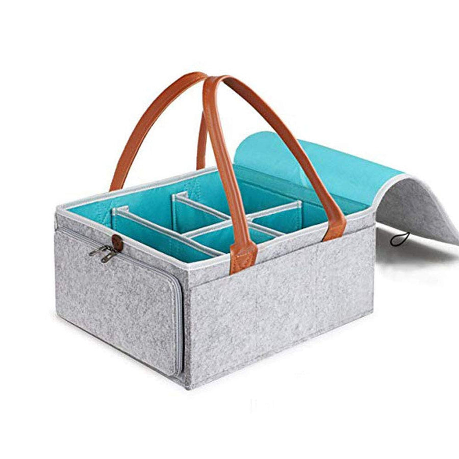 Large Diaper Caddy Organizer Baby Nursery Storage Basket with Zipper Lid and Leather Handle Baby Wipes Stacker Bin Holder - 38 x 25 x 18 cm