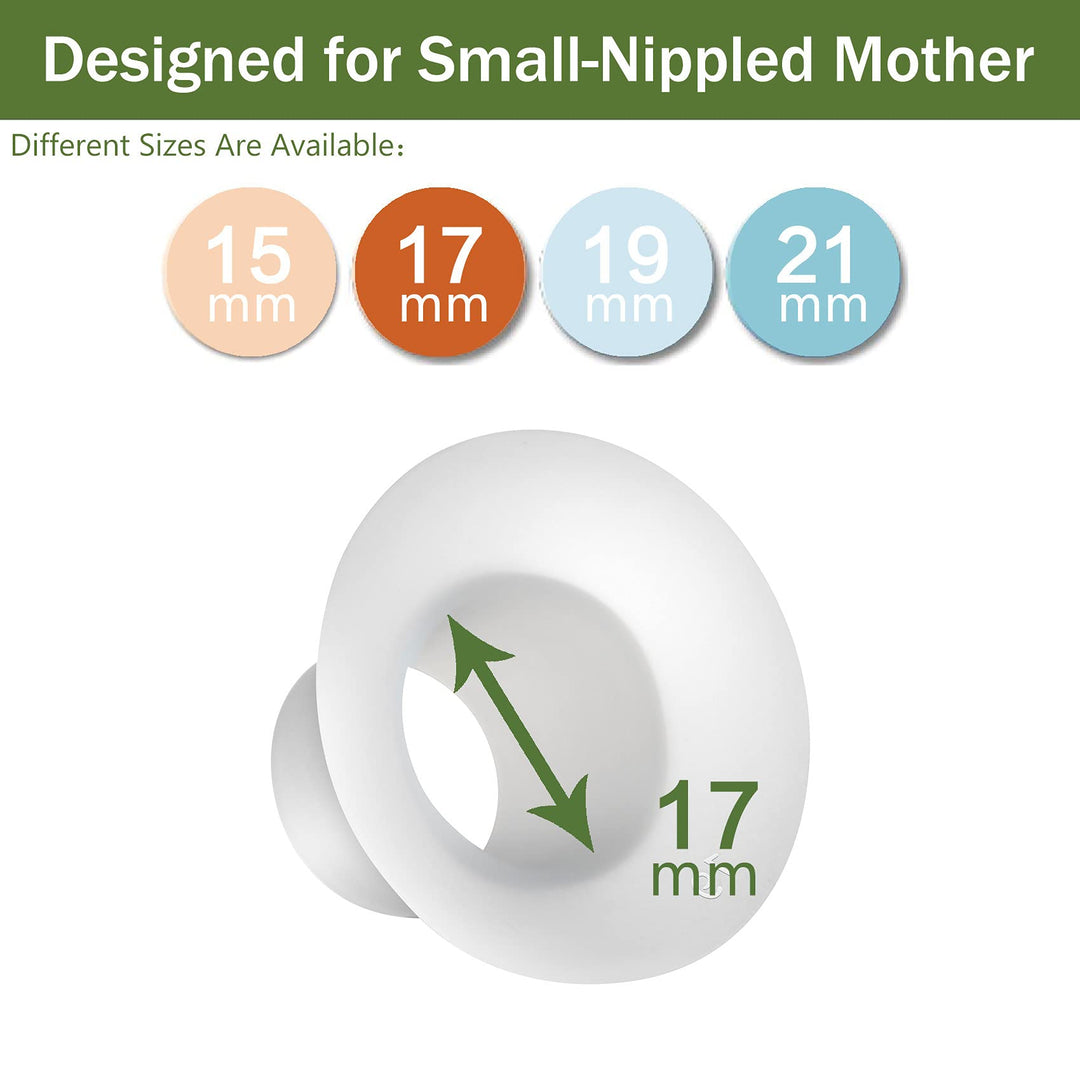 17mm Silicone Flange Inserts for Spectra S1 S2, Medela Breast Pump Shields, Freestyle, Harmony, Sonata to Reduce 24mm Elastic Nipple Tunnel Down to 17mm; Also Fits Freemie 25mm Cups; 2pc/Each