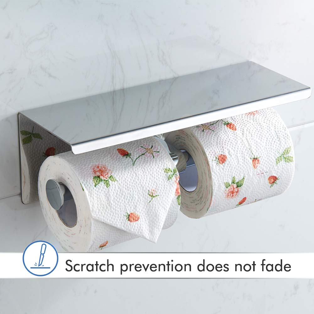 Double Toilet Paper Holder with Phone Shelf, 304 Stainless Steel Modern Bathroom Roll Tissue Holder Wall Mounted, Gold