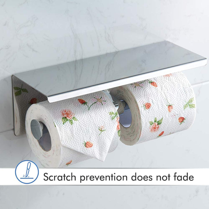 Double Toilet Paper Holder with Phone Shelf, 304 Stainless Steel Modern Bathroom Roll Tissue Holder Wall Mounted, Gold