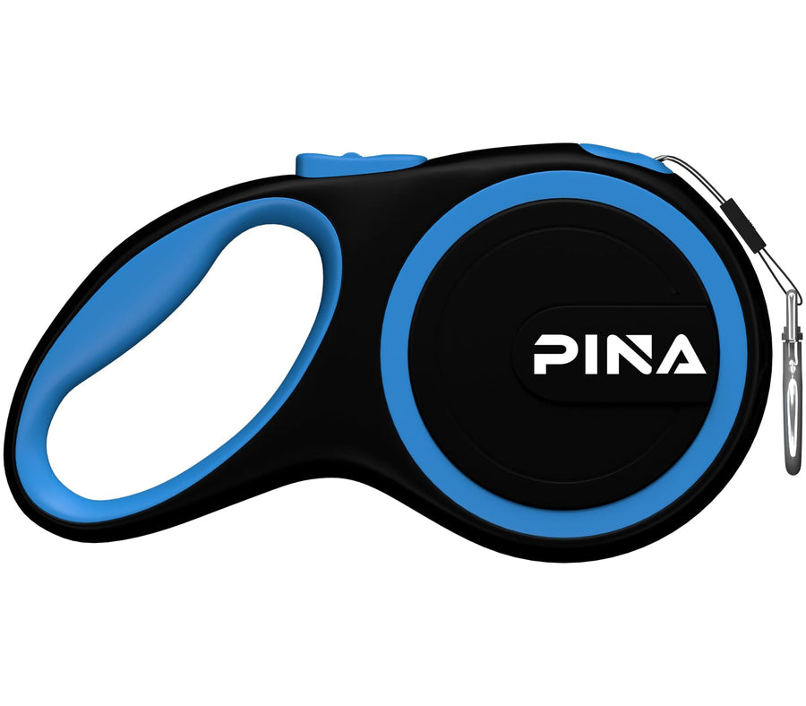 PINA Retractable 26ft Dog Leash for Small Medium Large Dogs Up to 110lbs, 360° Tangle-Free Strong Reflective Nylon Tape, with Anti-Slip Handle, One-Handed Brake, Pause, Lock - Black Blue