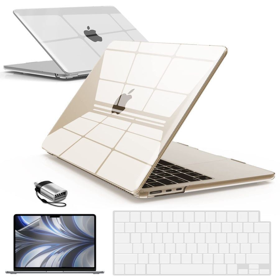 Compatible with 2024 2023 2022 MacBook Air 13 inch Case M3 A3113 M2 A2681, Hardshell Case & KeyboardCover & ScreenFilm & Type-C Adapter for Mac Air 13.6, Crystal Clear, AT13-KK-CYCL+2TC