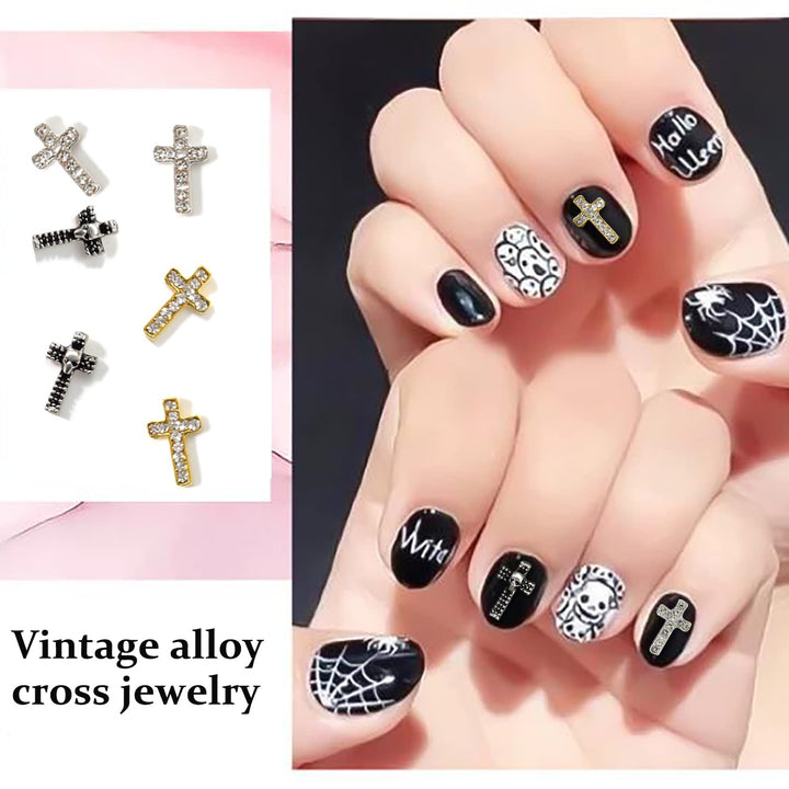 30pcs Nail Cross Charms With Rhinestones for Nails 3D Metal Cross Nail Charm for Nail Art Jewelry Making Nail Art Accessories Cross Nail Charms for Nail Art Halloween 3D Nail Charms