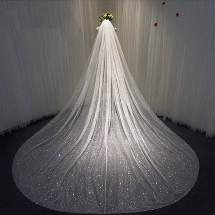 Cathedral 1 Tier Bride Wedding Veil Sparkling Long Bridal Tulle Veil with Comb Drop Veil Cut Edge for Bride (118''W, Ivory)