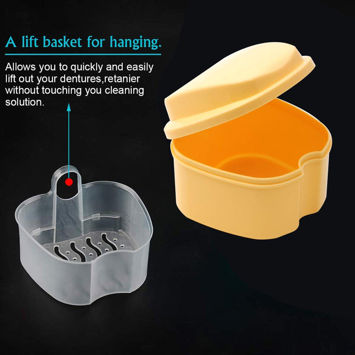 Denture Case, Denture Cup with Strainer, Denture Bath Box False Teeth Storage Box with Basket Net Container Holder for Travel, Retainer Cleaning (Blue) (Light Orange)