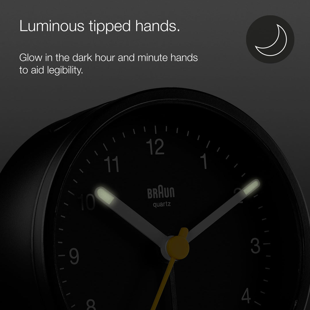 Classic Analogue Alarm Clock with Snooze and Light, Quiet Quartz Movement, Crescendo Beep Alarm in Black, Model BC12B.