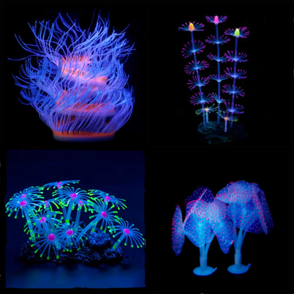 Aquarium Fish Tank Ornament,Simulation Coral Plant Decorations Glowing Silicone Accessories 4pack (1)