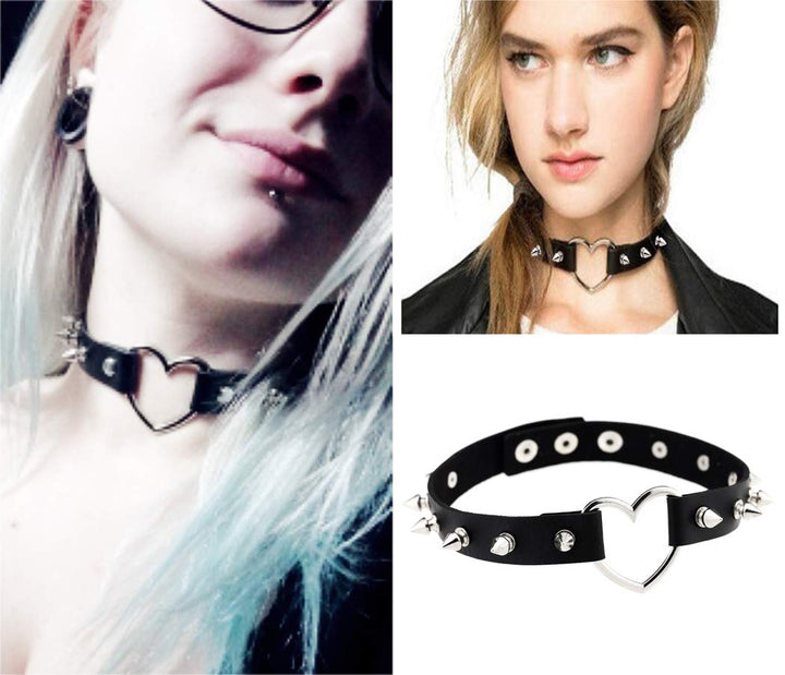 PU Leather Choker Goth Punk Choker O-Ring Spike Rivets and Love Heart Choker Collar Necklace Adjustable (K5)