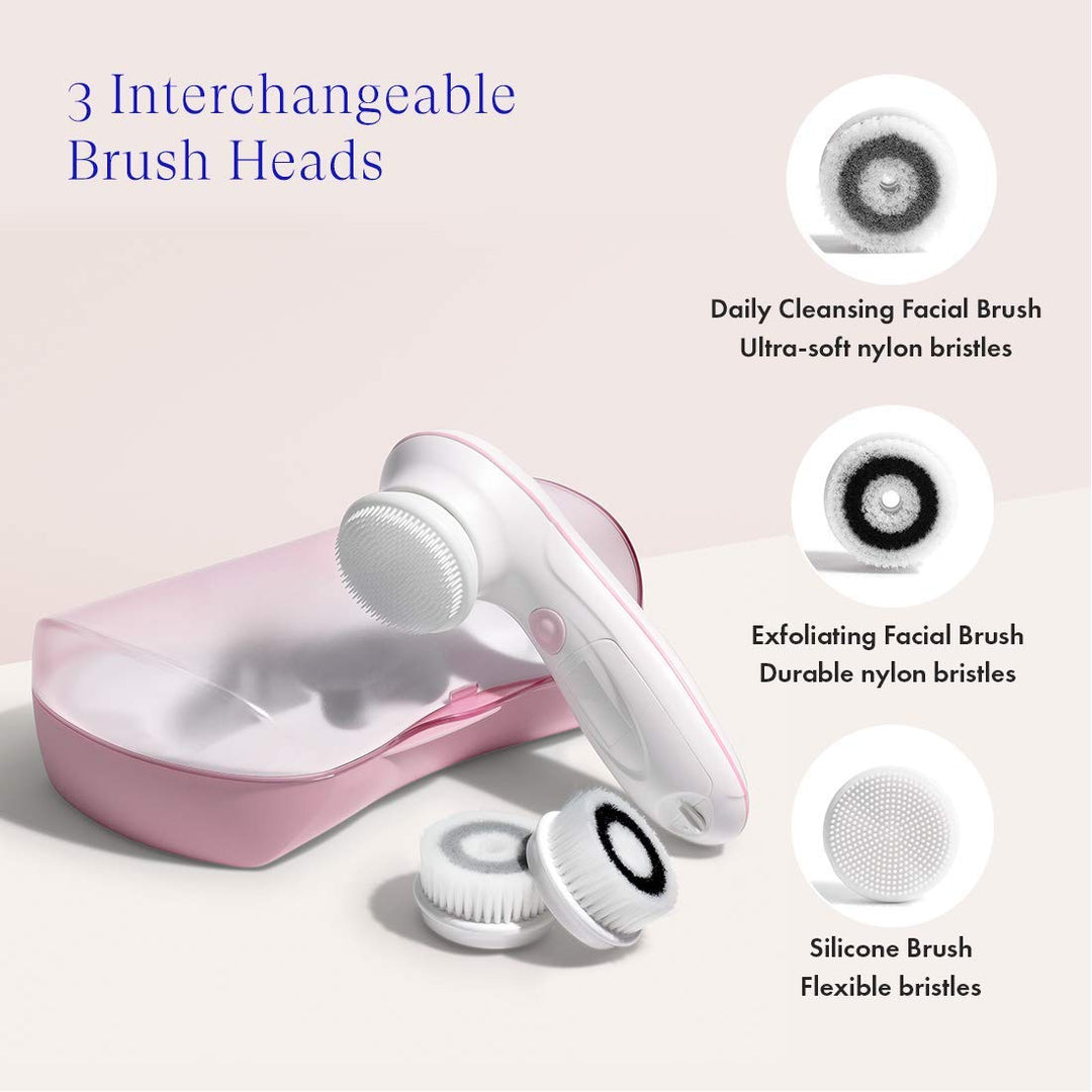 Facial Cleansing Brush Ultimate Skin Spa with 3 Interchangeable Face Brushes for Cleansing, Exfoliating and Silicone Brush, Protective Case, Cordless, Water Resistant (Pucker Up Pink)