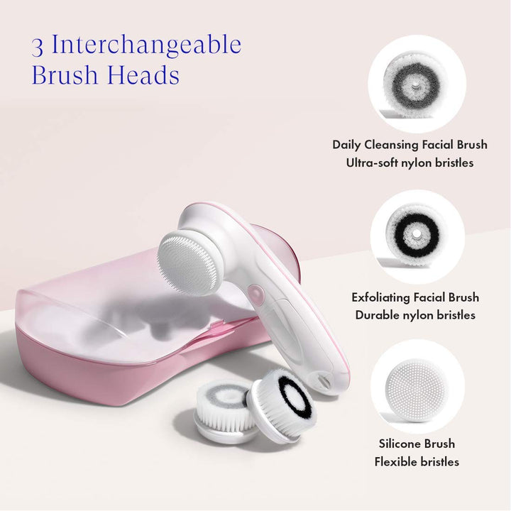 Facial Cleansing Brush Ultimate Skin Spa with 3 Interchangeable Face Brushes for Cleansing, Exfoliating and Silicone Brush, Protective Case, Cordless, Water Resistant (Pucker Up Pink)