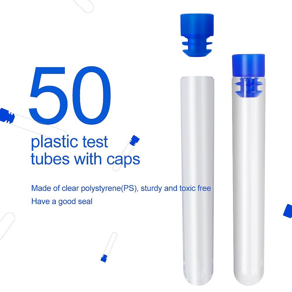 50 Pack Clear Plastic Test Tubes with Blue Caps, 13×78mm, Great for Halloween Party