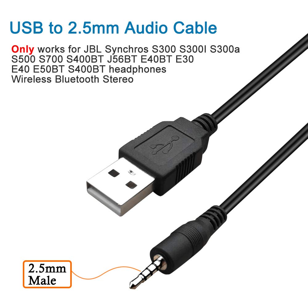 USB to 2.5mm Male AUX Audio Jack Charging Cable for JBL Synchros S300 S300I S300a S400BT J56BT E40BT E30 E40 E50BT S500 S700 Headphones Stereo Power Wire for JBL Charger Cord