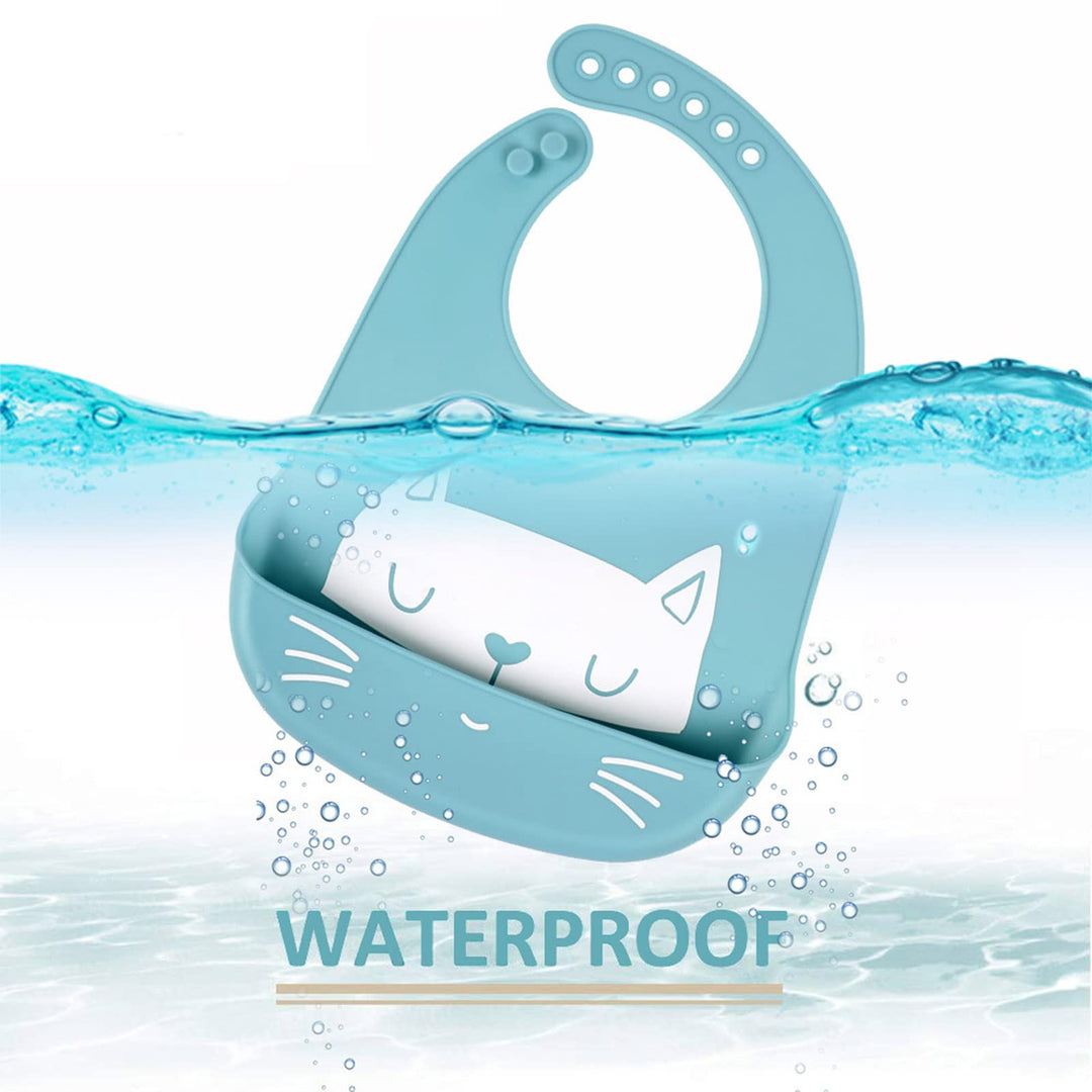 Baby Bibs Silicone Feeding Bibs, Weaning Waterproof Bibs with Food Crumb Catcher Pocket Baby Bibs Easily to Clean, Comfortable and Foldable