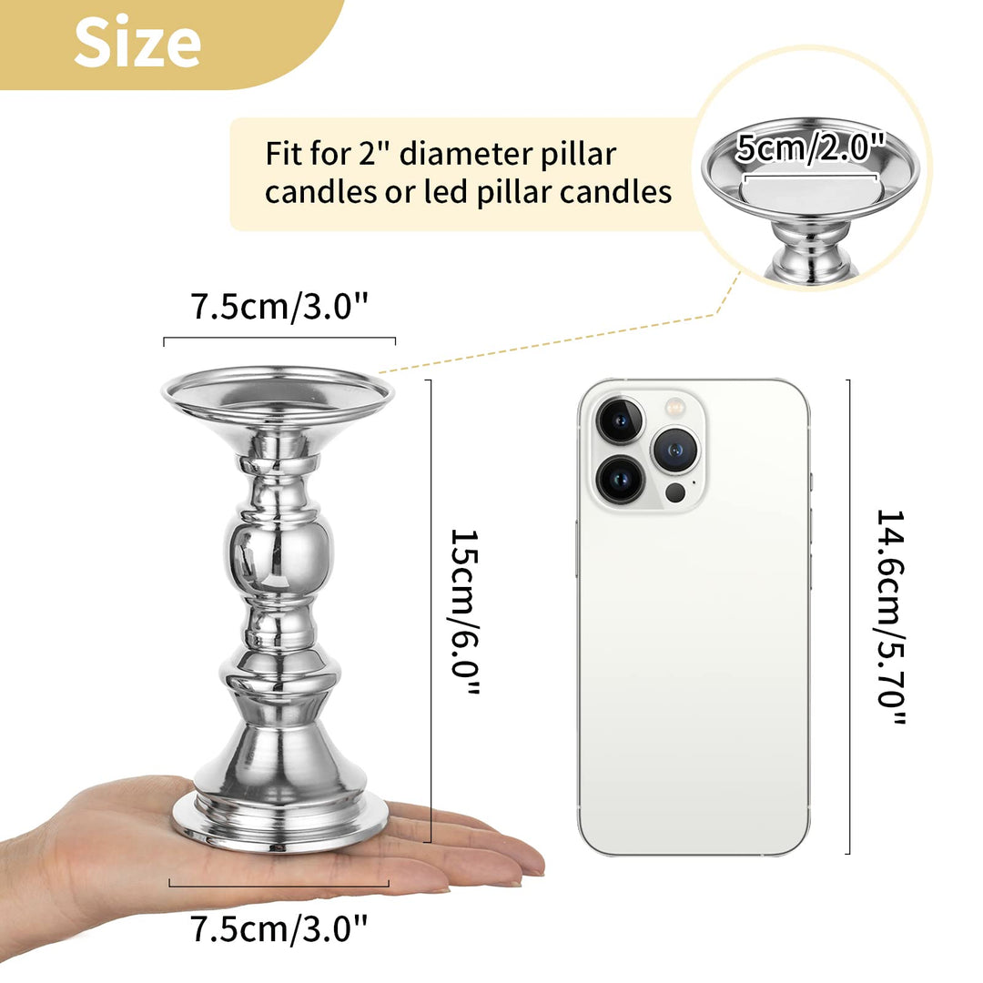 Nuptio Silver Pillar Candle Holders, Wedding Centerpieces Metal Candle Holder for 50mm Candles Stand Decoration Ideal for Weddings Special Events Parties Living Room, 2 Pcs