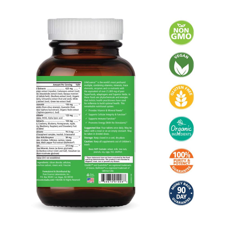 Pure Essence Labs LifeEssence Multivitamin for Women and Men - Natural Herbal Supplement - Vitamin D, Vitamin D3, Vitamin B12, Biotin with Whole Foods (120 Tablets)