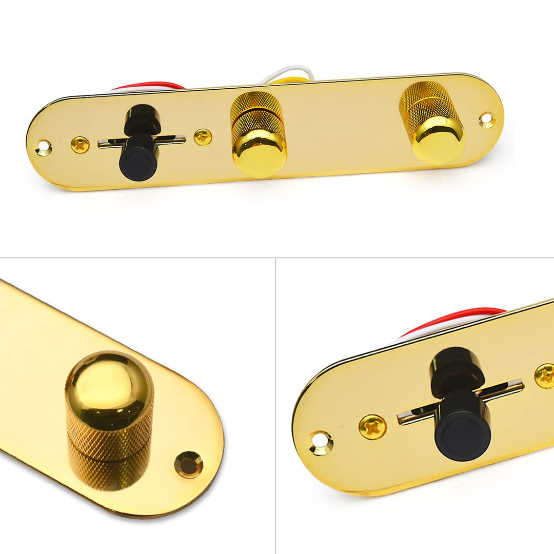 Guitar Control Plate Loaded Gold/Nickel with 3 Way Switch 500K Tone and Volume Knob Prewired Screws Output Jack for Fender Tele/Telecaster Gibson Sg Electric Guitar Parts Replacement