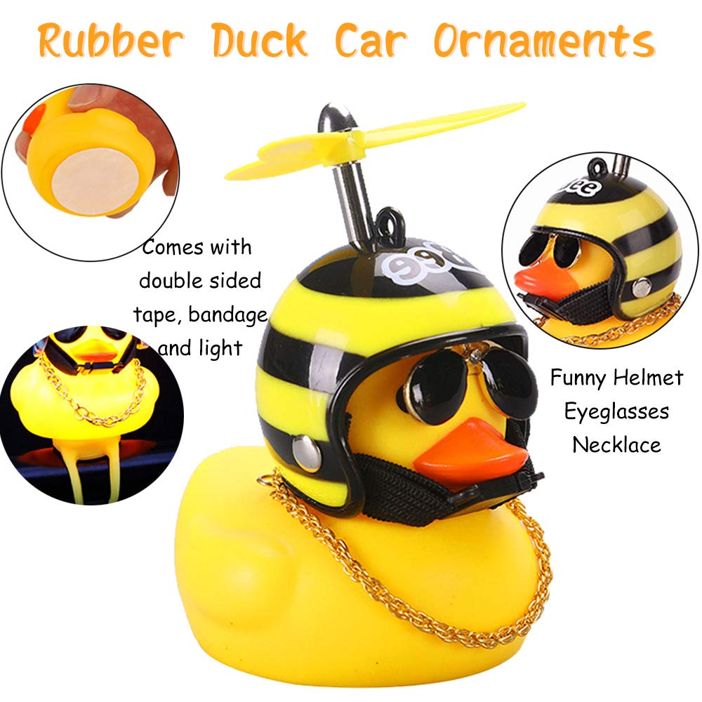 Rubber Duck Car Ornaments, 2Pcs Yellow Duck Car Dashboard Decorations Squeeze Duck Bicycle Horns with Propeller Helmet