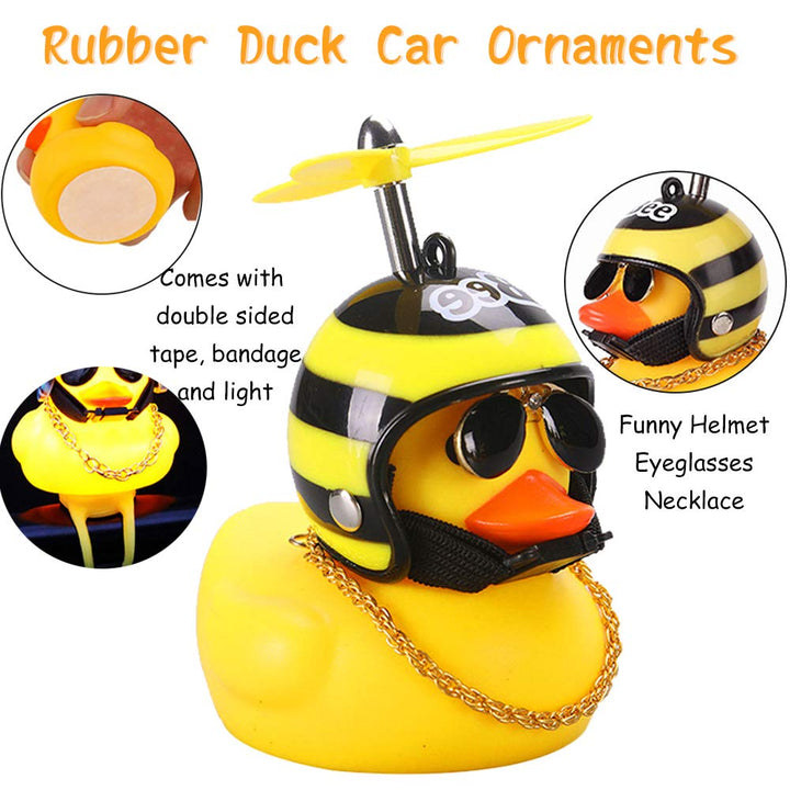 Rubber Duck Car Ornaments, 2Pcs Yellow Duck Car Dashboard Decorations Squeeze Duck Bicycle Horns with Propeller Helmet