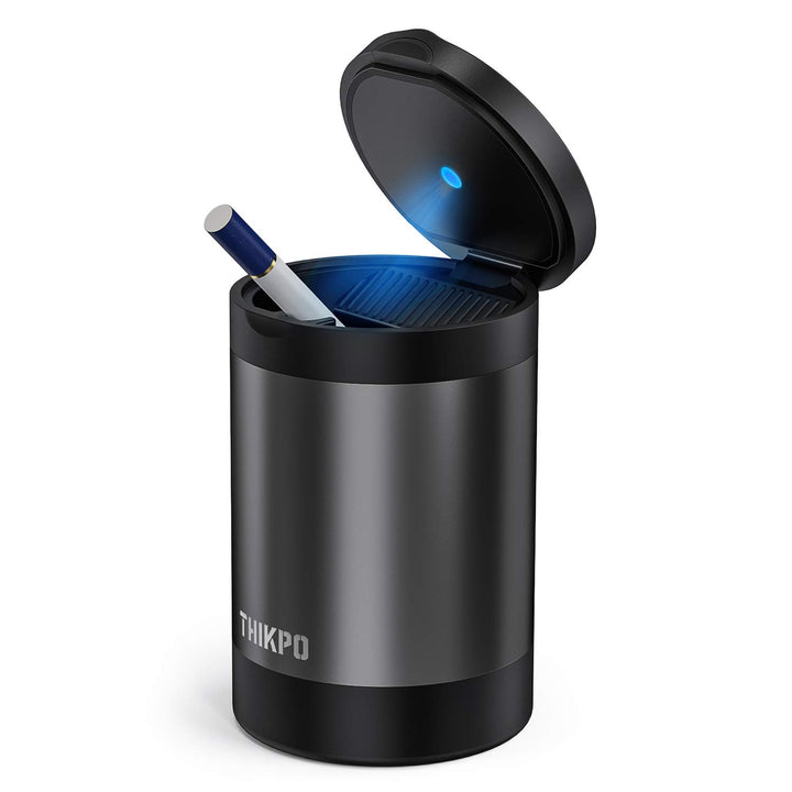 Car Ashtray with Lid, Portable Ashtray for Car, Mini Car Trash Can, Detachable Stainless Steel Smokeless Ash Tray with LED Blue Light (Misted Grey)